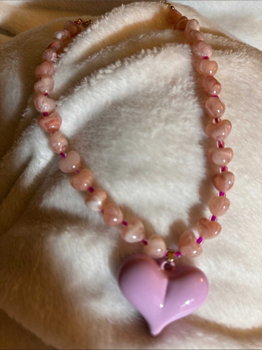 Pink Heart Pendant Necklace with Beaded Strand - Women Jewelry
